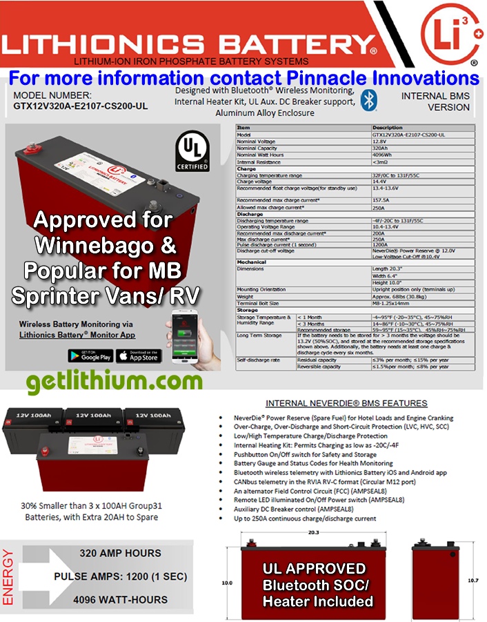 Lithionics GTX 320 Amp hour high capacity deep cycle and engine starting lithium-ion battery approved for Winnebago RV's: light weight, super safe, powerful and compact lithium ion battery