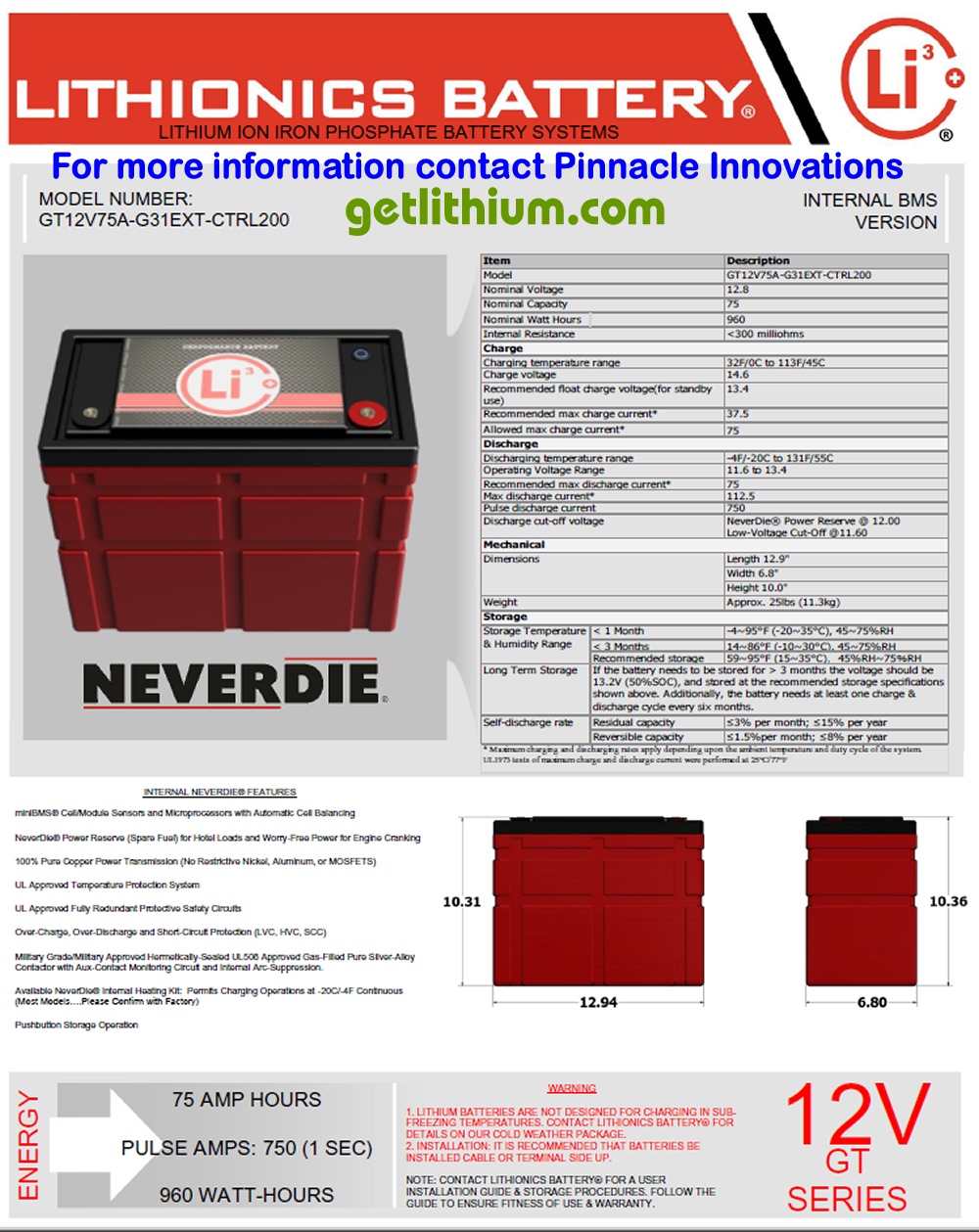 GT Series 12 Volt (12V) 75 amp hour Group 31 Lithium Ion Battery for