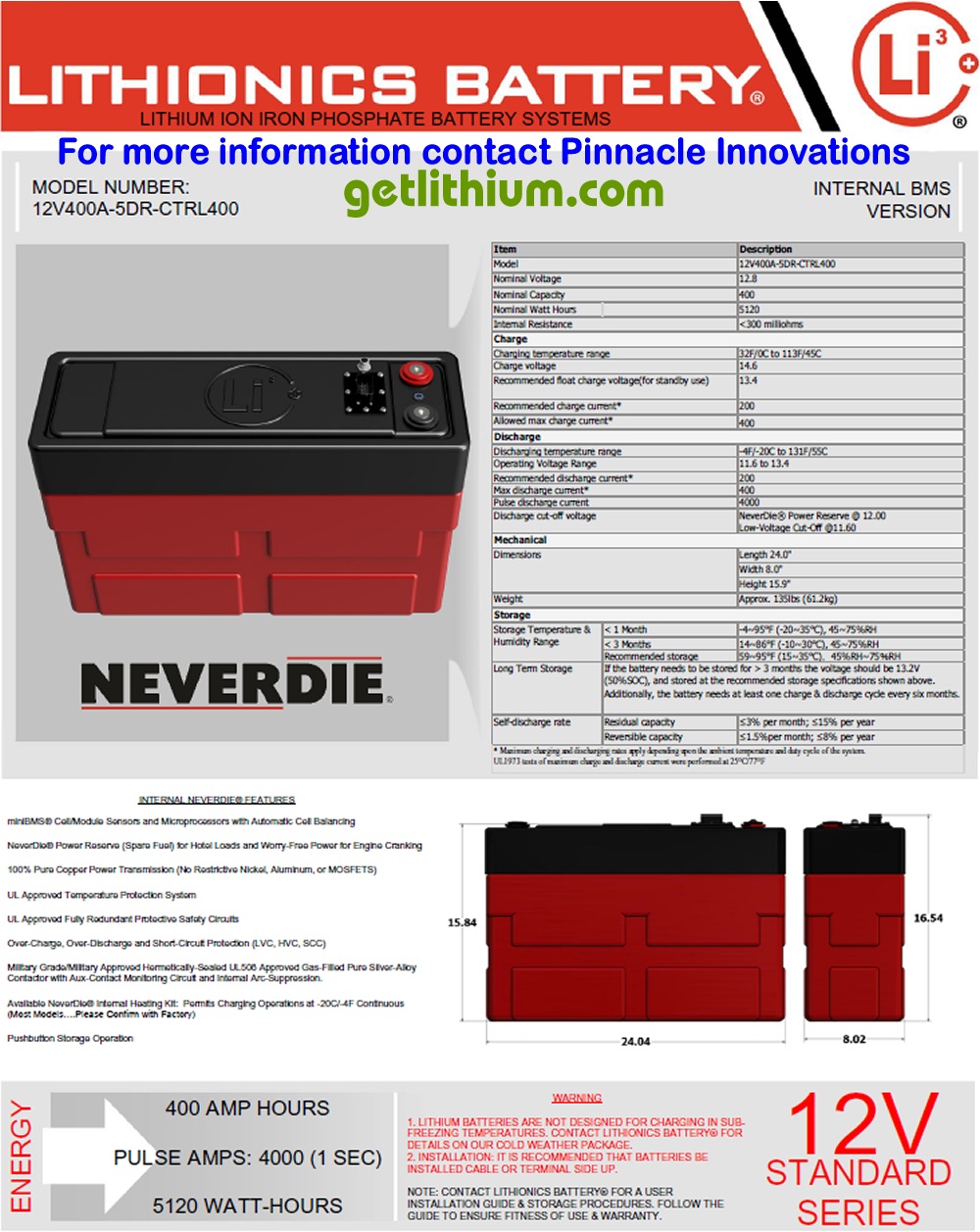 Standard Series 12 Volt (12V) 400 amp hour 5DR 400 Amp Lithium Ion Battery for Marine