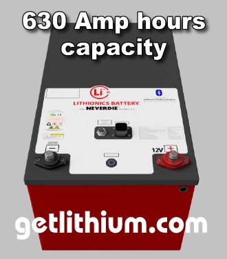 Click here for this popular powerful and compact Lithionics lithium-ion GTX Series battery with internal BMS,630 Amp hours capacity and automated internal battery heater