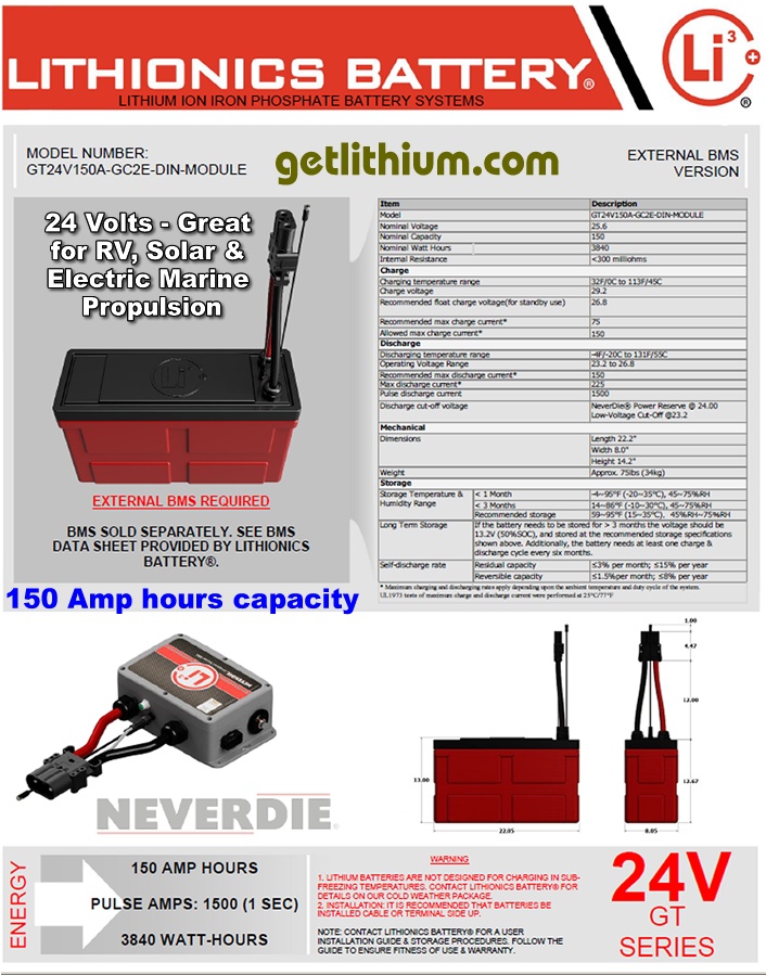 Click here for a larger Lithionics Battery 24 Volt lithium-ion deep cycle battery spec sheet