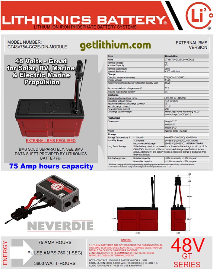 Lithionics Battery 48 Volt high performance lithium-ion battery module with 75 Amp hours capacity