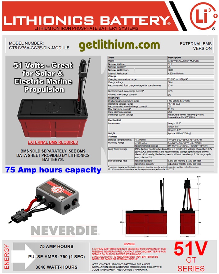 Click here for a larger Lithionics Battery 51 Volt lithium-ion deep cycle battery spec sheet