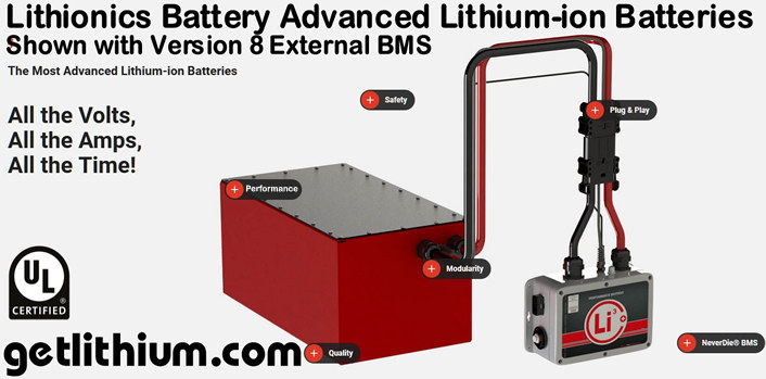 Lithionics Battery premium lithium-ion battery systems with UL approved NeverDie Battery Management Systems (BMS) for RV, Marine, Industrial projects and Off-grid Solar Power projects
