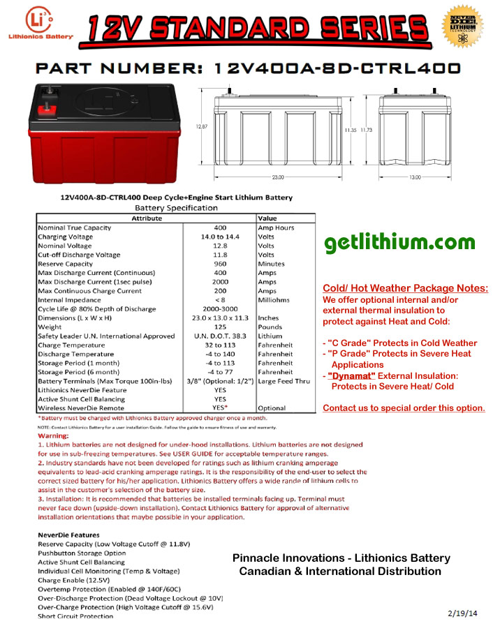 Standard Series 12 Volt (12V) 400 amp hour 8D 400 Amp Lithium Ion Battery for Marine