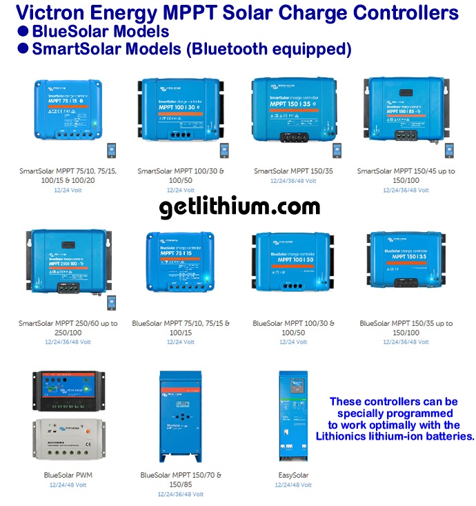 Click here for a larger image of the Victron MPPT solar charge controllers for RV, Marine and other solar power projects