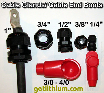 Marine and RV battery and cable hardware including cable glands, power cable boots and eyelet cable ends.