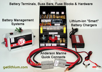 Lithionics Battery "Smart" Lithium-ion Battery Chargers, Battery MAnagement Systems, Copper Battery Terminals and Connectors, Anderson Power high grade, super efficient copper power cables and lossless copper power and ground wire quick connects