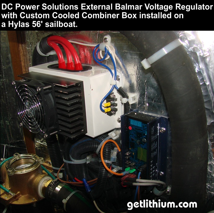 DC Power Solutions Balmar MC-614 external Voltage regulator and custom cooled combiner box for high output Volvo-Penta diesel marine engine alternator