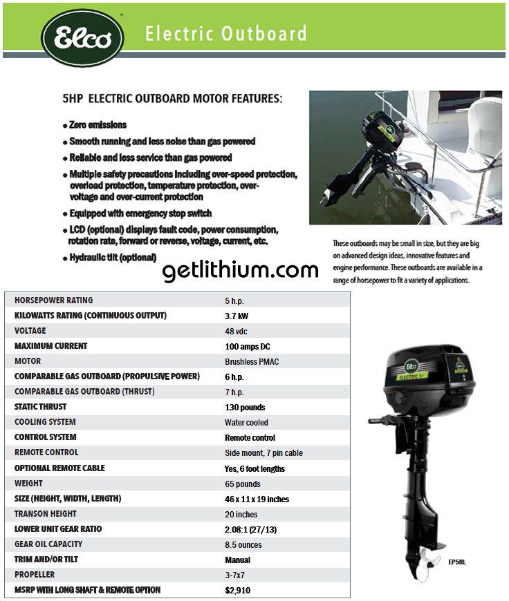 Elco Motor Yachts 48 Volt 5 HP Electric Outboard Motor for sailboats