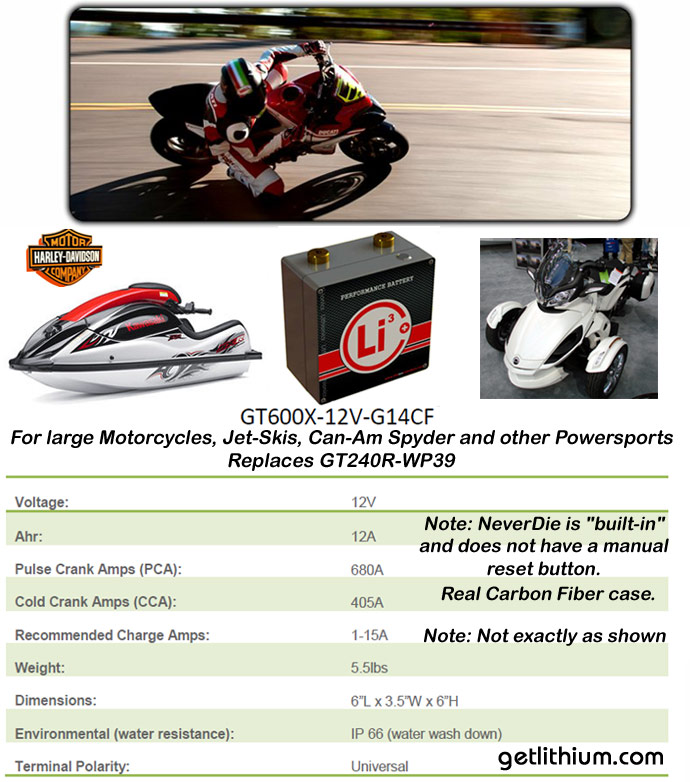 GT600X 12 Volt Group 14 lithium-ion battery with carbon fiber case, 12 lithium amp hours capacity, internal BMS and 600 cranking amps for Harley Davidson motorcycles, Can-Am Spyder, Jet-Ski, car and boat racing.