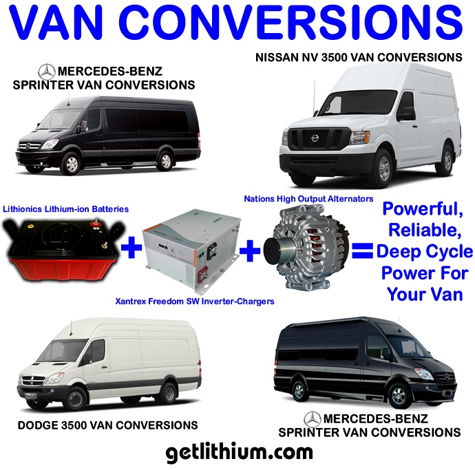 Mercedes-Benz, Dodge, Nissan van conversion with lithium-ion battery, Xantrex inverter-charger and Nations alternator upgrade