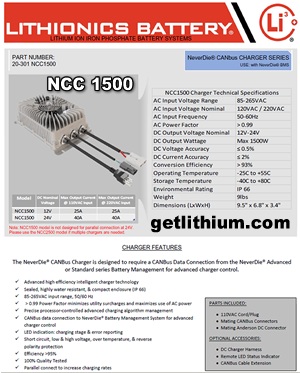 Click on the image for a larger image of the NCC 1500 12 or 24 Volt DC battery charger spec sheet