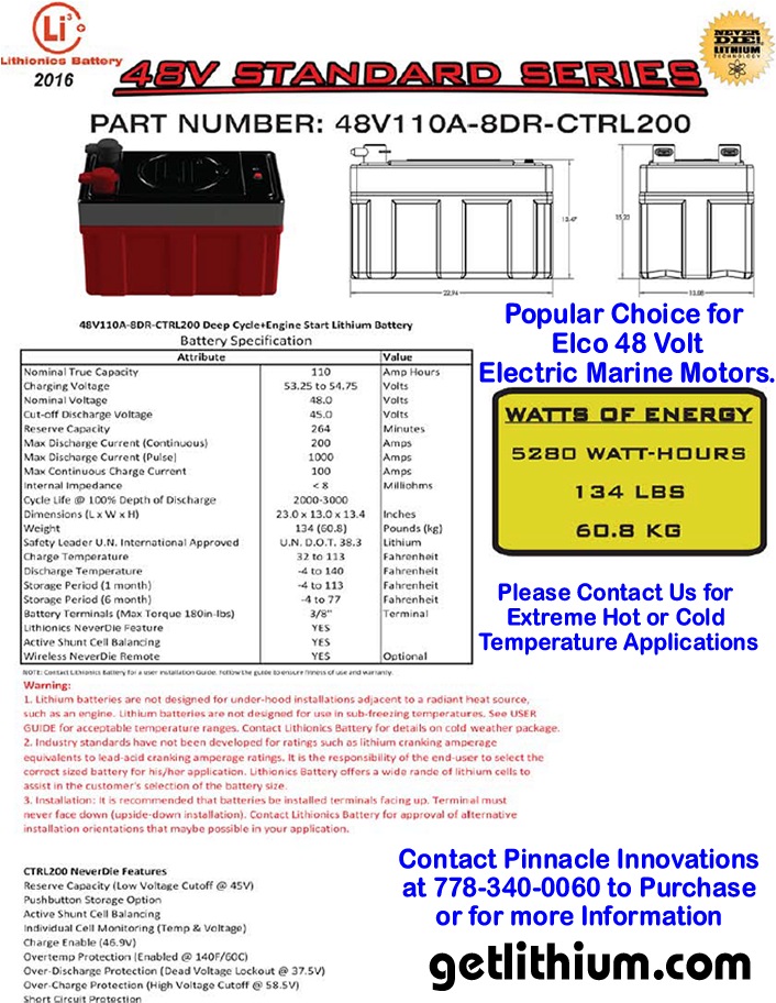 Standard Series 48 Volt (51.6 V) 110 amp hour Group 8D 200 Amp Lithium