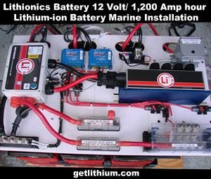 Lithionics Battery 12 Volt battery system and external NeverDie Battery Management System installed on a 56 foot catamaran