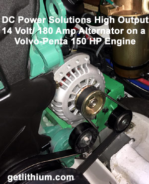 DC Power Solutions 180 Amp 12 Volt high output marine alternator with Balmar MC-614 external Voltage regulator installed on a Volvo-Penta 150HP diesel marine engine.