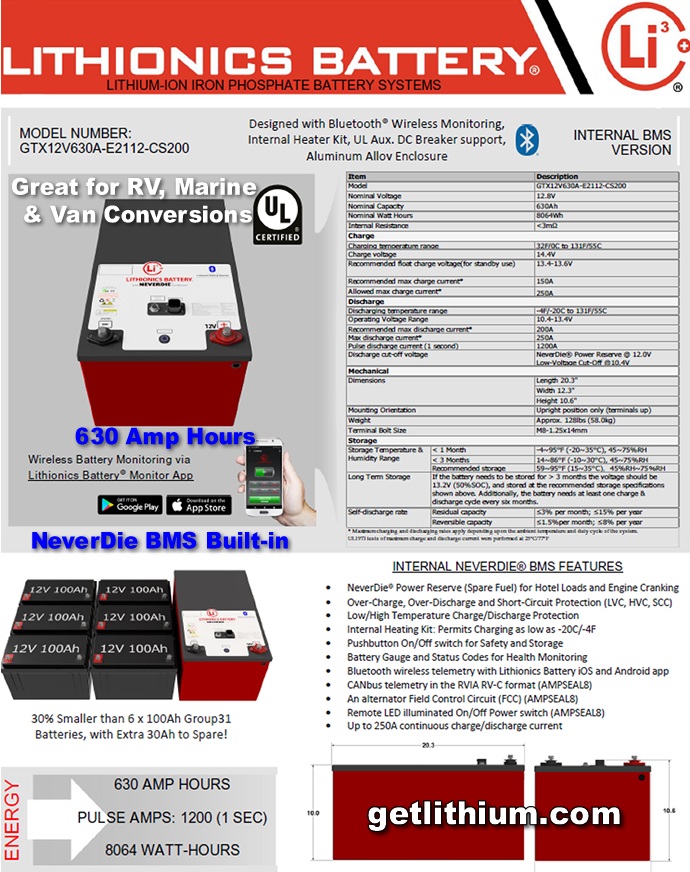 630 Amp hour GTX Series 12 Volt deep cycle and engine starting lithium-ion battery with built-in BMS: light weight, super safe, powerful and compact lithium ion battery