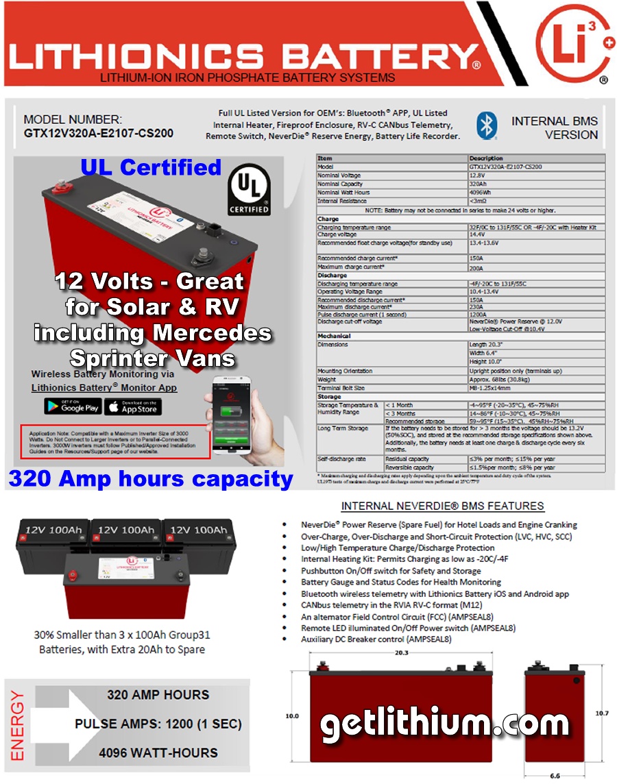 Lithionics GTX 320 Amp hour high capacity deep cycle and engine starting lithium-ion battery: light weight, super safe, powerful and compact lithium ion battery