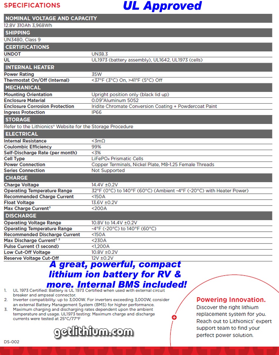 Lithionics GTX 310 Amp hour high capacity deep cycle and engine starting lithium-ion battery: light weight, super safe, powerful and compact lithium ion battery