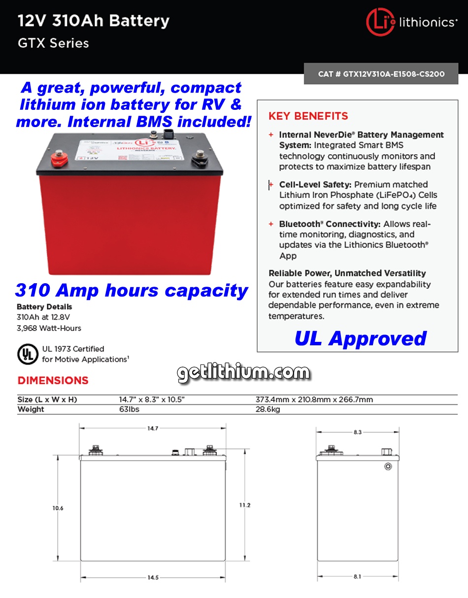 Lithionics GTX 310 Amp hour high capacity deep cycle and engine starting lithium-ion battery: light weight, super safe, powerful and compact lithium ion battery