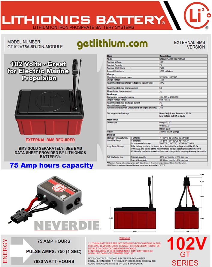 Lithionics Battery 102 Volt lithium-ion battery - perfect for Elco electric marine motors