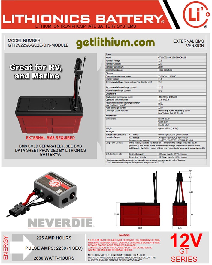 Click here for a larger Lithionics Battery 12 Volt lithium-ion deep cycle battery spec sheet