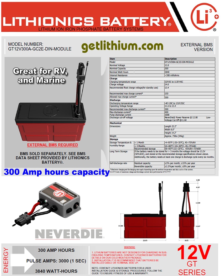 Click here for a larger Lithionics Battery 12 Volt lithium-ion deep cycle battery spec sheet