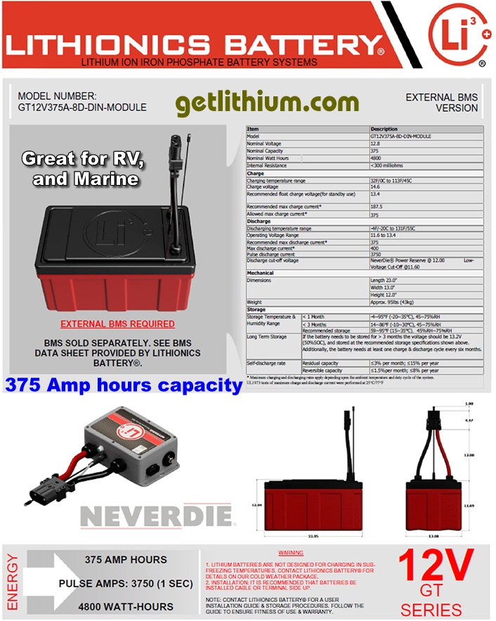 Click here for a larger Lithionics Battery 12 Volt lithium-ion deep cycle battery spec sheet