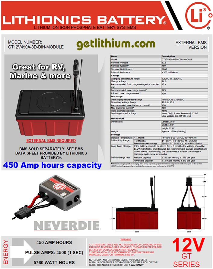 Click here for a larger Lithionics Battery 12 Volt lithium-ion deep cycle battery spec sheet