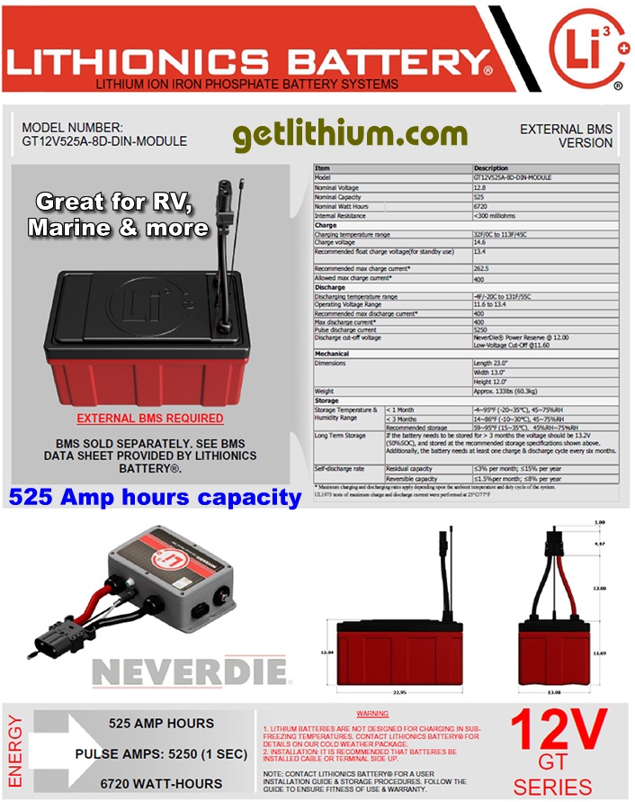 Click here for a larger Lithionics Battery 12 Volt lithium-ion deep cycle battery spec sheet