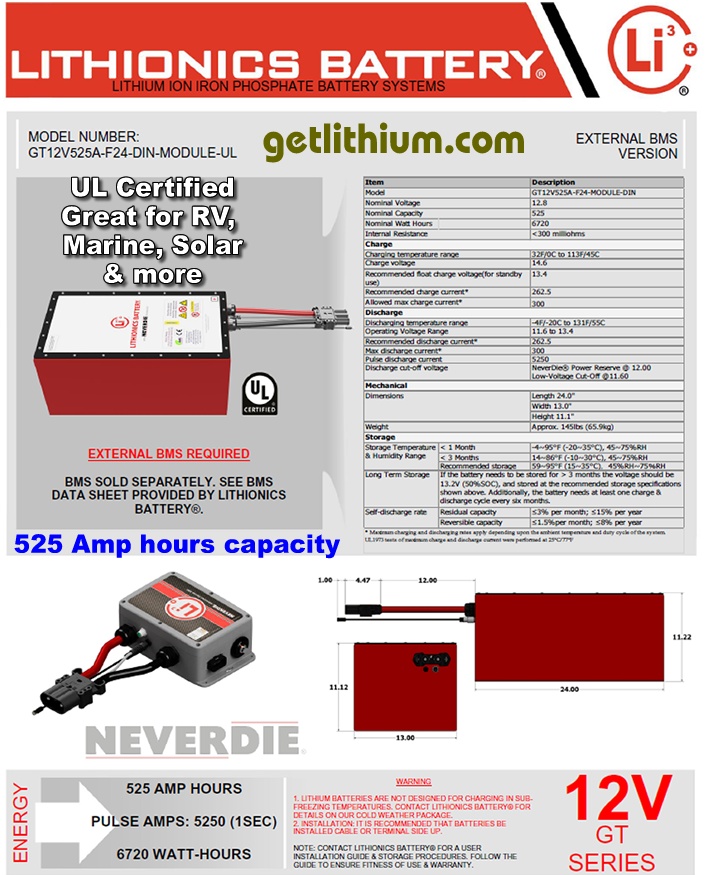 Click here for a larger Lithionics Battery 12 Volt lithium-ion deep cycle battery spec sheet