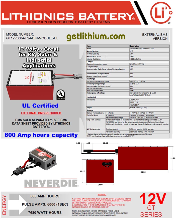 Lithionics Battery GT Series 12 Volt 600 Amp hour UL Certified lithium-ion battery  