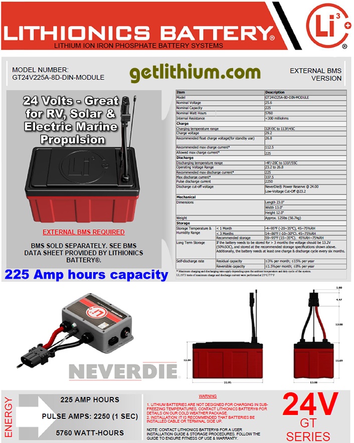 Click here for a larger Lithionics Battery 24 Volt lithium-ion deep cycle battery spec sheet