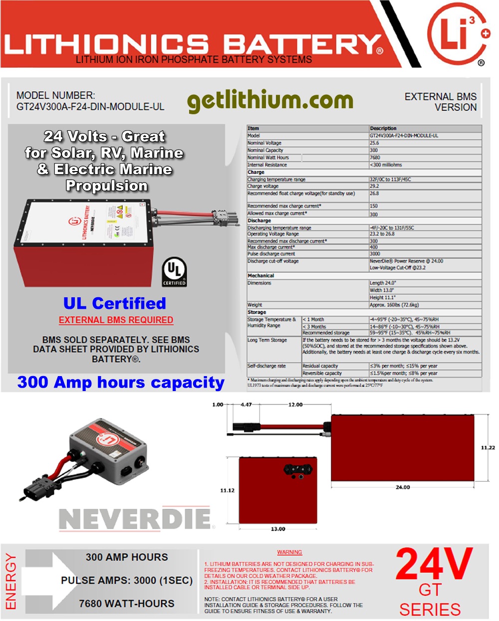 Lithium ion deep cycle and engine starting battery: GT 24 Volts with 300 Amp hours capacity