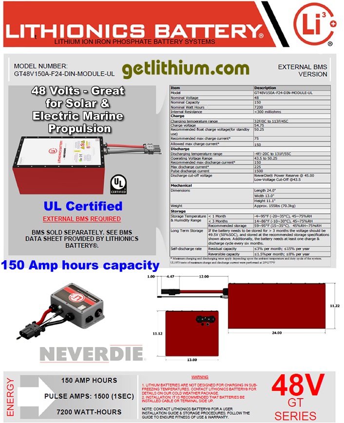 Click here for a larger Lithionics Battery 48 Volt lithium-ion deep cycle battery spec sheet