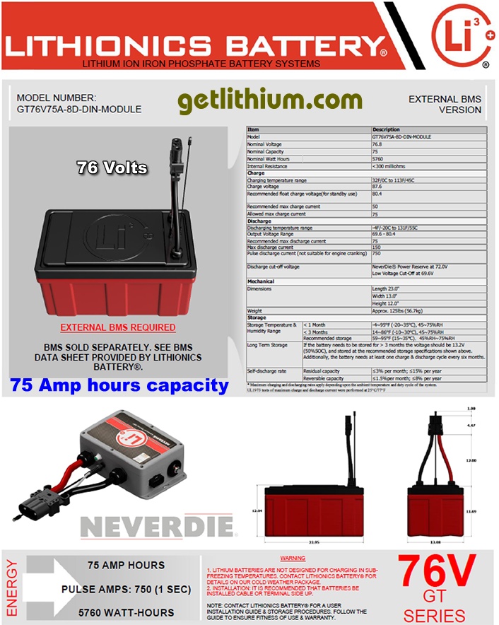 Click here for a larger Lithionics Battery 76 Volt lithium-ion deep cycle battery spec sheet