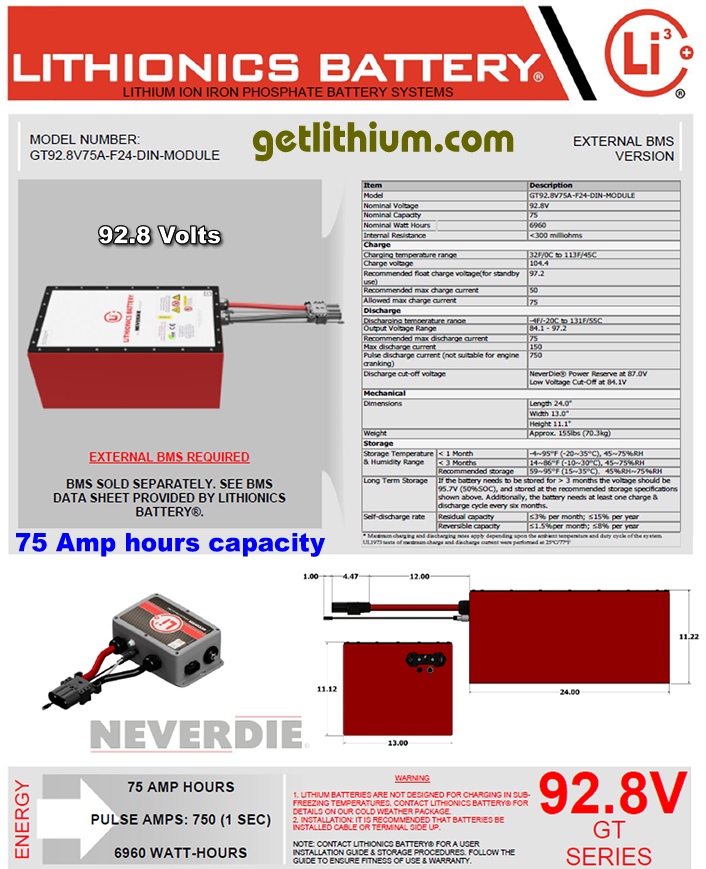 Lithionics Battery GT Series 92.8 Volt 75 Amp hour lithium-ion battery 