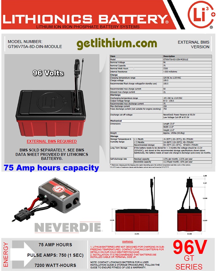 Click here for a larger Lithionics Battery 96 Volt lithium-ion deep cycle battery spec sheet