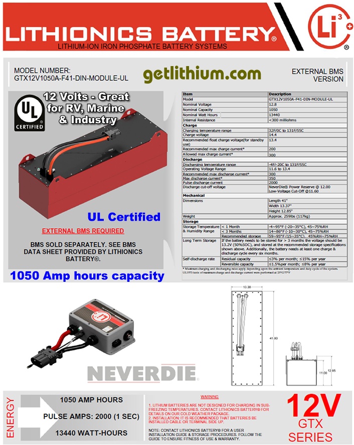 Lithionics GTX 12 Volt 1050 Amp hour lithium-ion battery module