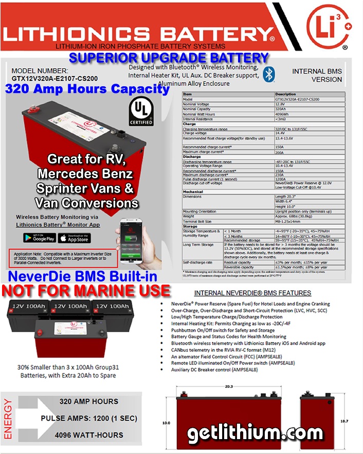 Lithionics GTX 315 Amp hour high capacity deep cycle and engine starting lithium-ion battery: light weight, super safe, powerful and compact lithium ion battery