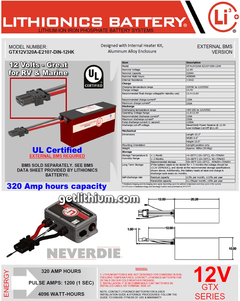 GTX Series 12 Volt (12V) 320 Amp hour E2107 aluminum case UL Certified