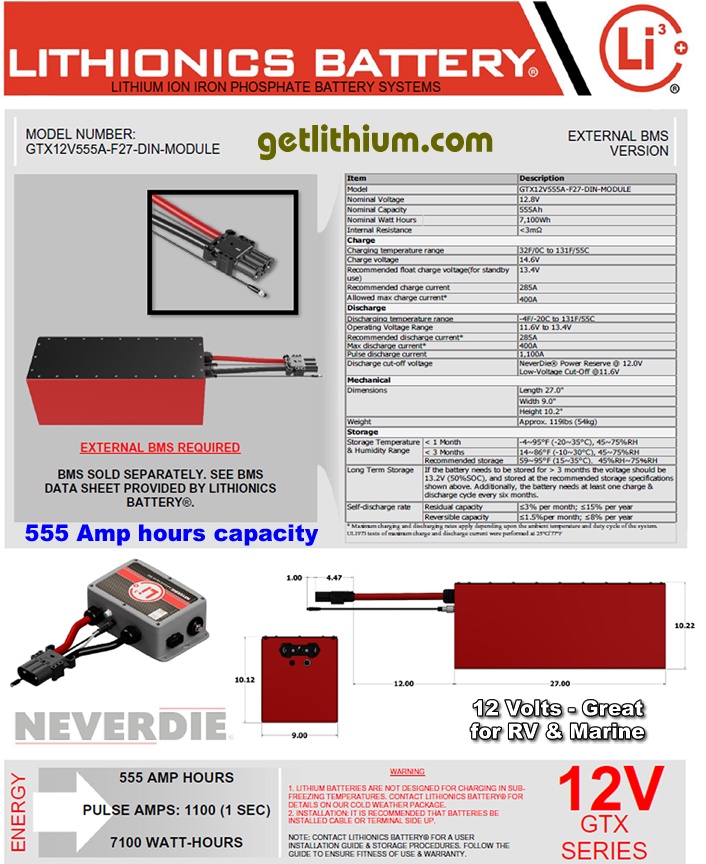 Lithionics Battery 12 Volt 555 amp hour lithium battery spec sheet