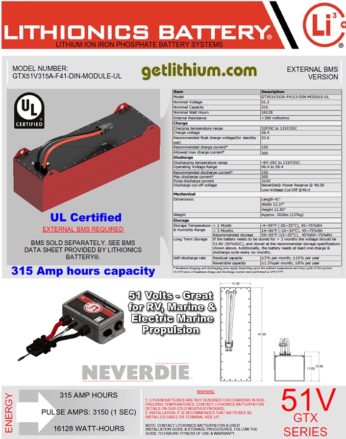 Lithionics Battery Lithium-ion High Performance 51 Volt Battery