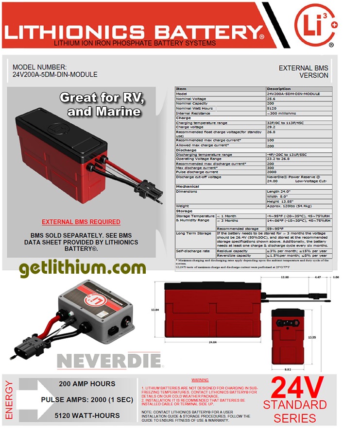 Click here for a larger Lithionics Battery 24 Volt lithium-ion deep cycle battery spec sheet