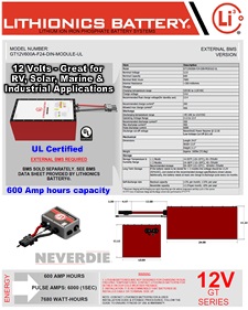 Click here to view the details page for this powerful and compact Lithionics Battery lithium-ion battery with 600 Amp hours capacity for use with external BMS 