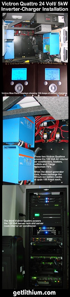 Victron Quattro 5kW 24 Volt inverter-chargers installed with Lithionics lithium-ion batteries