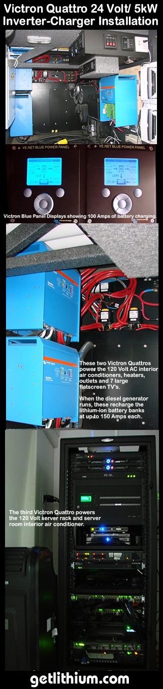 An example of three Victron Quattro 24 Volt 5,000 Watt inverter-chargers installed on a corporate tour bus and connected to a Lithionics lithium-ion battery bank with 880 Amp hours capacity at 24 Volts.