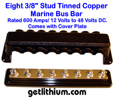 Vertex Marine 600 Amp tinned copper marine bus bar with eight 3/8" studs.