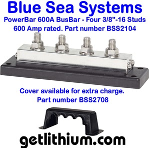 Blue Sea 2104 600 Amp tinned copper marine bus bar with four 3/8" studs.