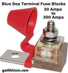 Click here for Blue Sea Systems marine rated  tinned copper fuse blocks and lithium-ion battery connection hardware..